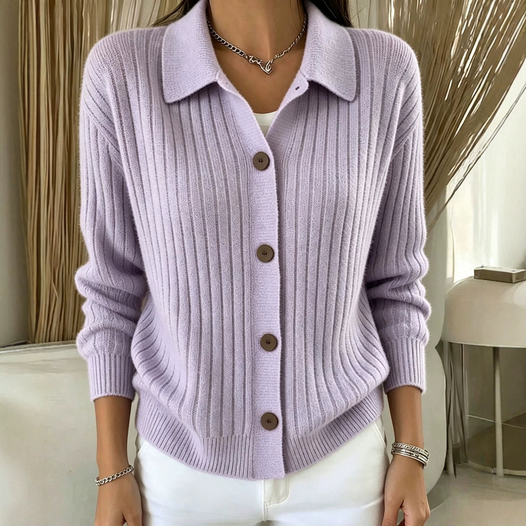 Damen Feiner gerippter Knopf‑Cardigan mit Hemdkragen und kastiger Silhouette Drune