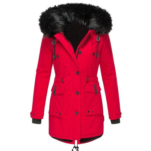 Damen Gefütterter Parka mit Kapuze und abnehmbarem Kunstpelzbesatz, taillierter Wintermantel Drune