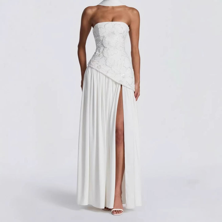 Damen Strapless Abendkleid mit seitlichem Schlitz und floralen Applikationen Drune