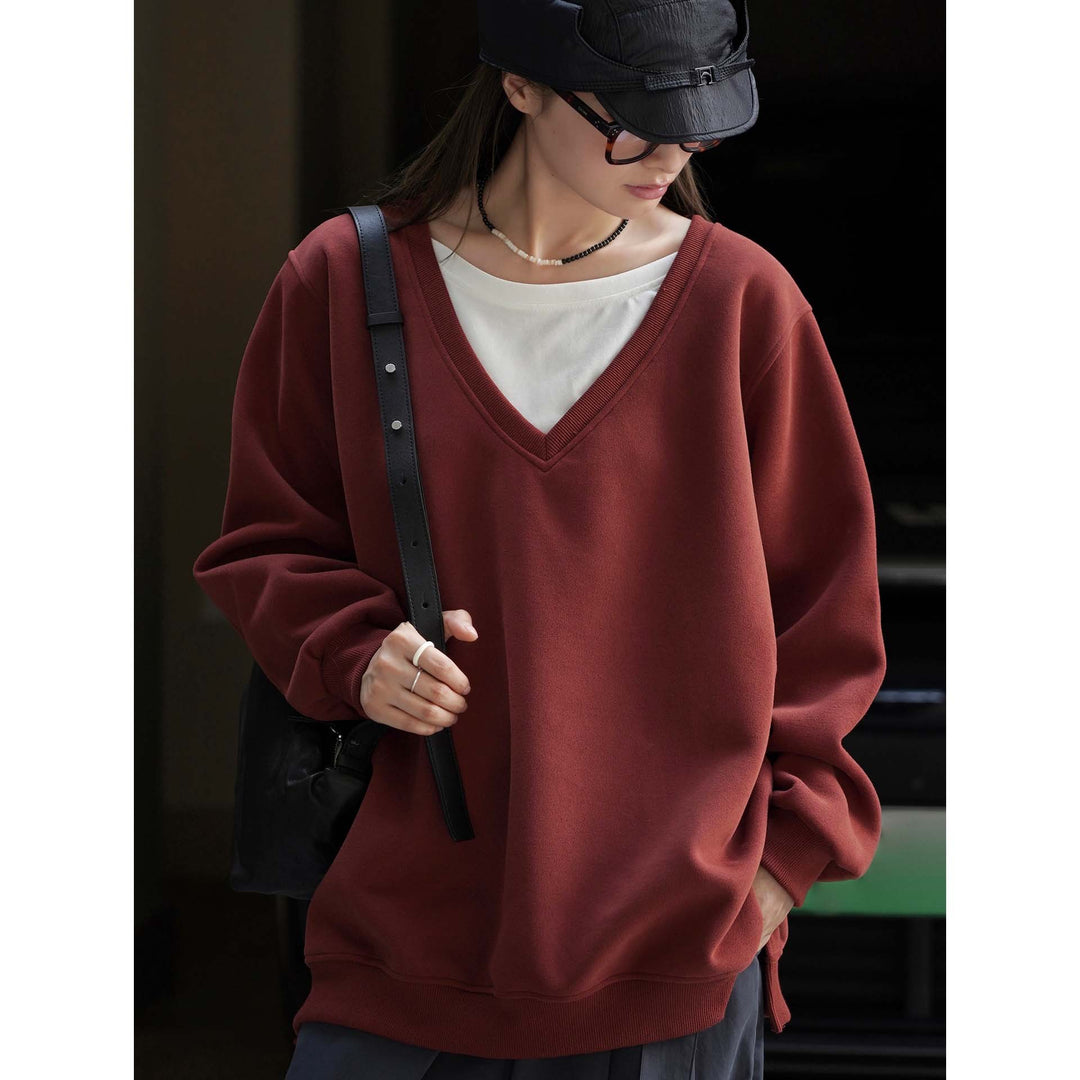 Damen V-Ausschnitt Sweatshirt im Relaxed‑Fit aus Baumwollmix Drune