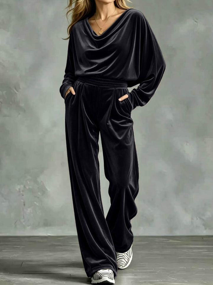 Damen Samt-Loungewear-Set mit Wasserfallkragen, weitem Palazzo-Schnitt und Eingrifftaschen Drune