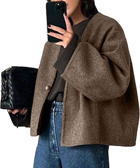 Damen Kurz geschnittene Oversize Wolljacke mit kastigem Schnitt und Ein-Knopf-Verschluss Drune