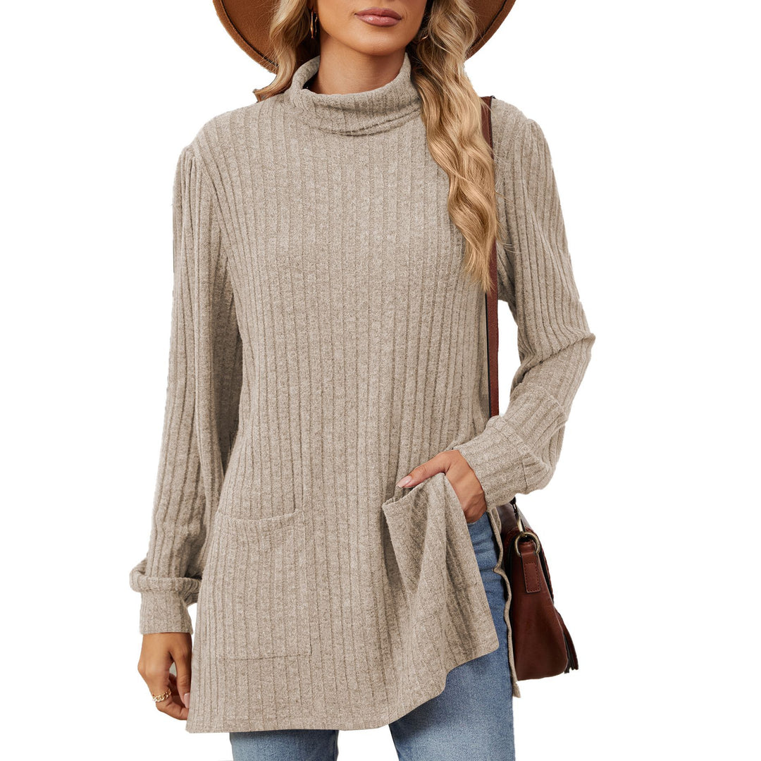 Damen elegantes Oberteil aus strukturierter Strickware mit Stehkragen und Seitentaschen Drune