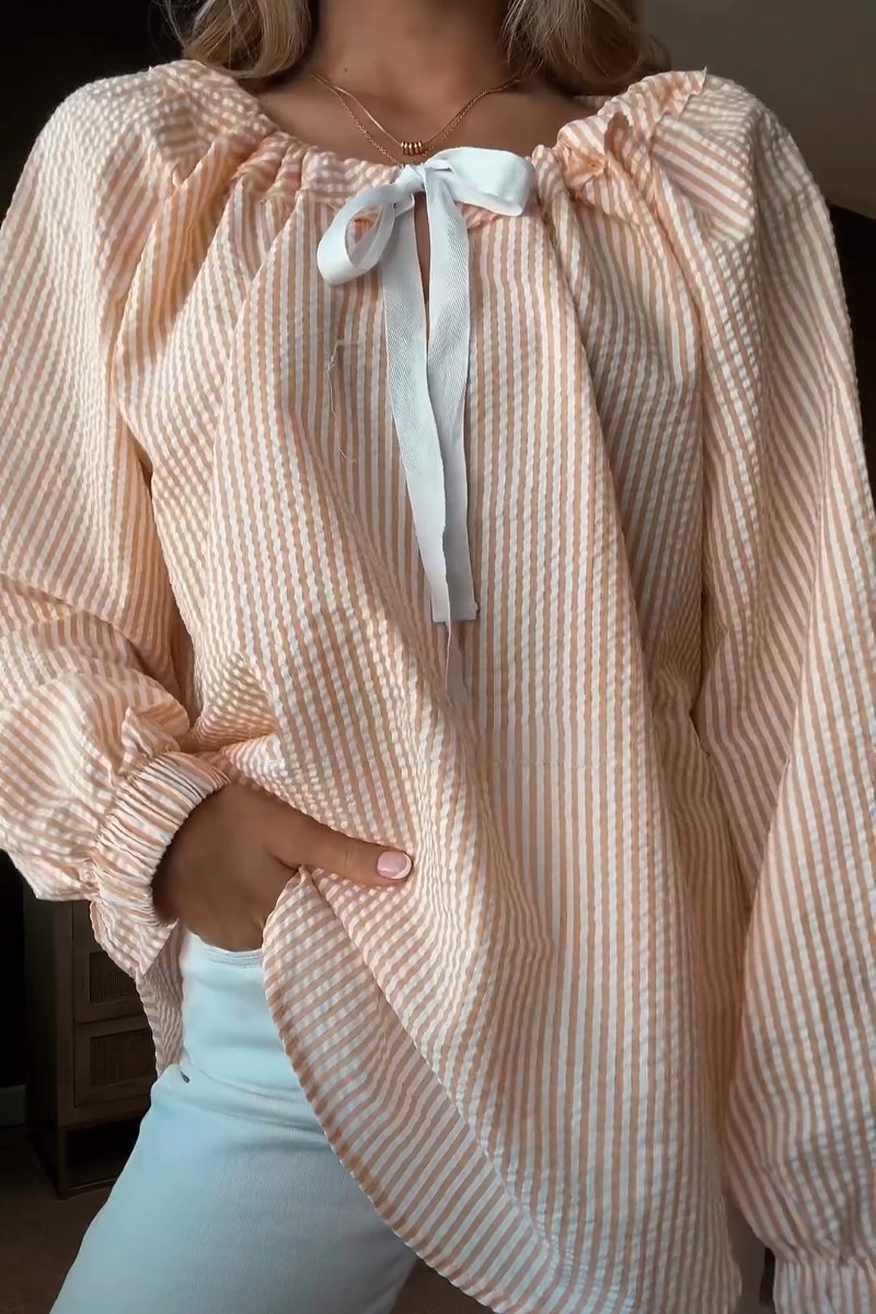 Damen Bluse mit elastischem Ausschnitt und Schleifenbindung Drune