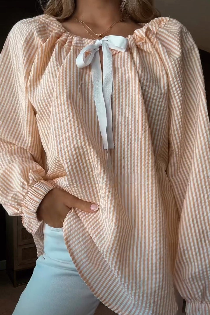 Damen Bluse mit elastischem Ausschnitt und Schleifenbindung Drune