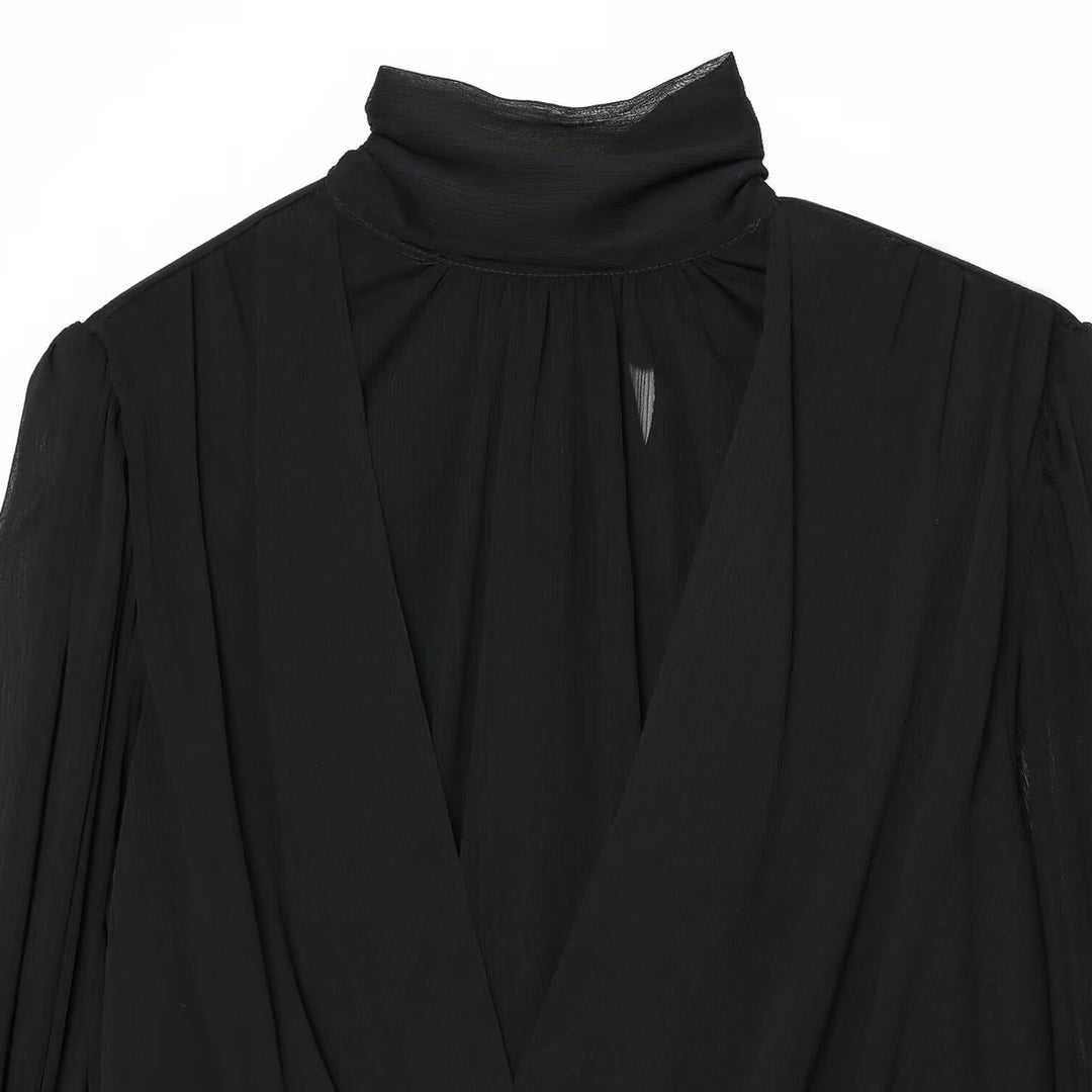 Damen Chiffon-Bluse mit Schluppe, Stehkragen und gerafften Ballonärmeln Drune