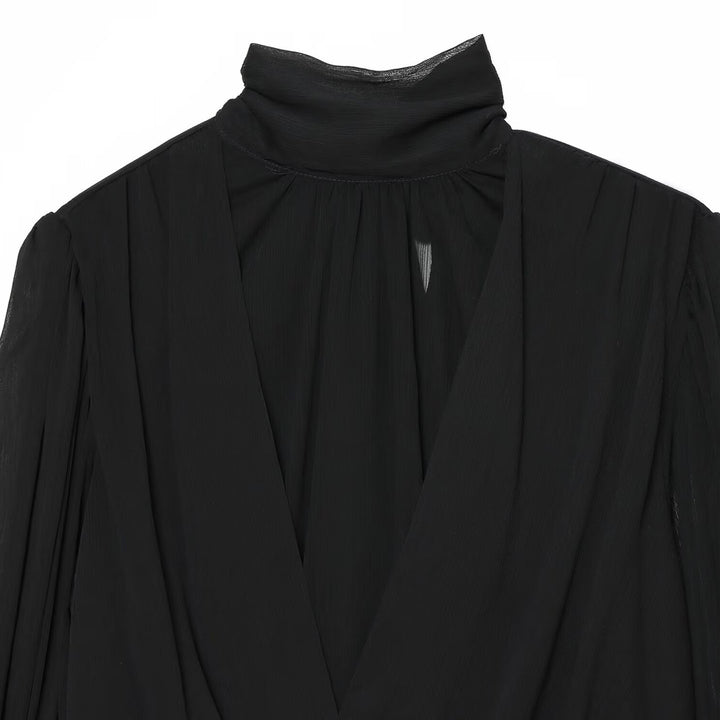 Damen Chiffon-Bluse mit Schluppe, Stehkragen und gerafften Ballonärmeln Drune