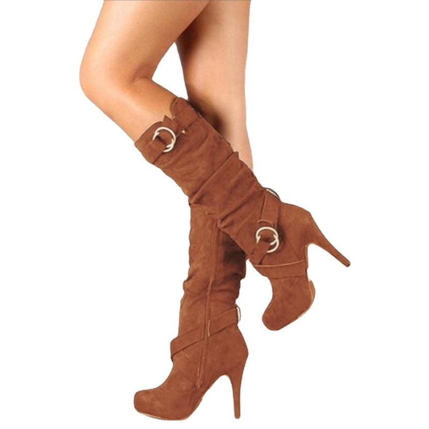 Damen  kniehohe Stiefel mit schmalem Stilettoabsatz, Plateau und dekorativen Metallringen Drune