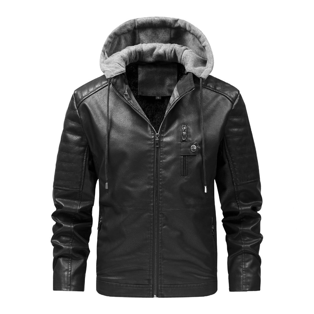 Herren Modische Lederjacke mit Kapuze Drune