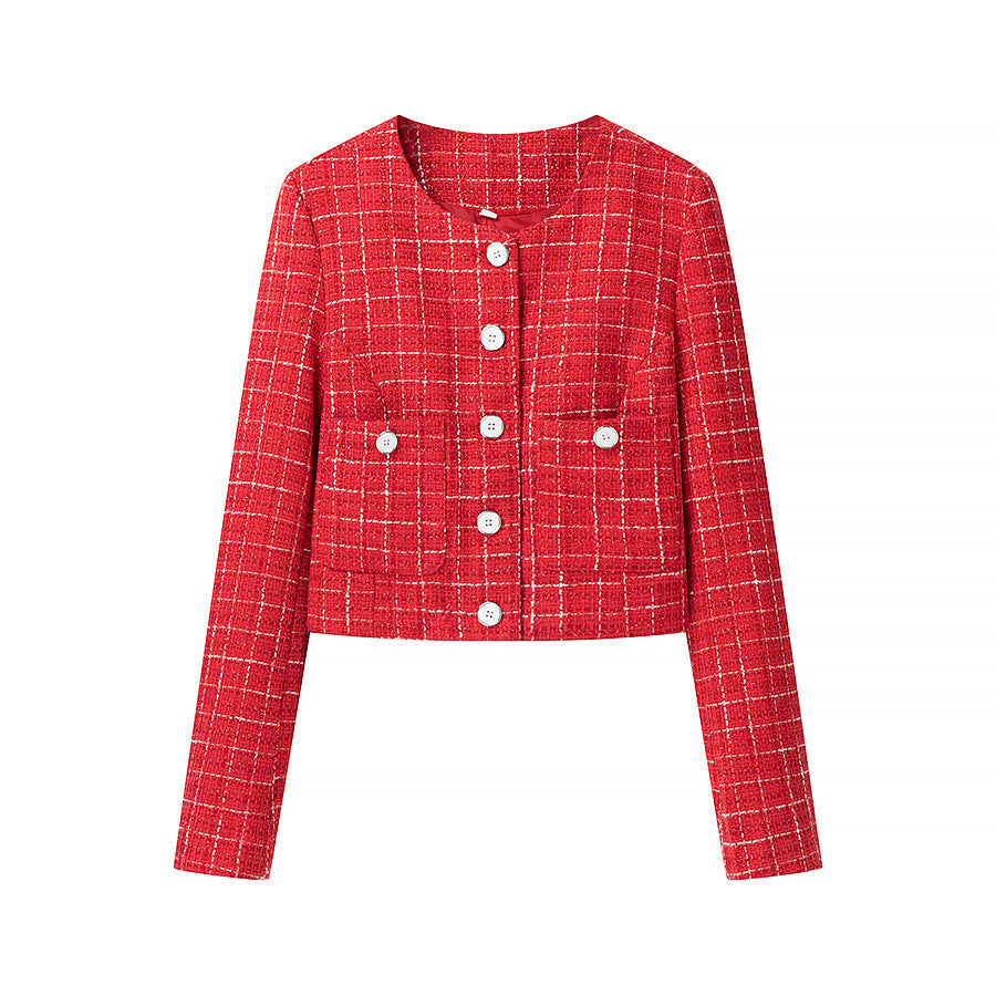Damen Kurzgeschnittener Bouclé‑Tweed‑Blazer mit Rundhals, Zierknöpfen und aufgesetzten Taschen Drune