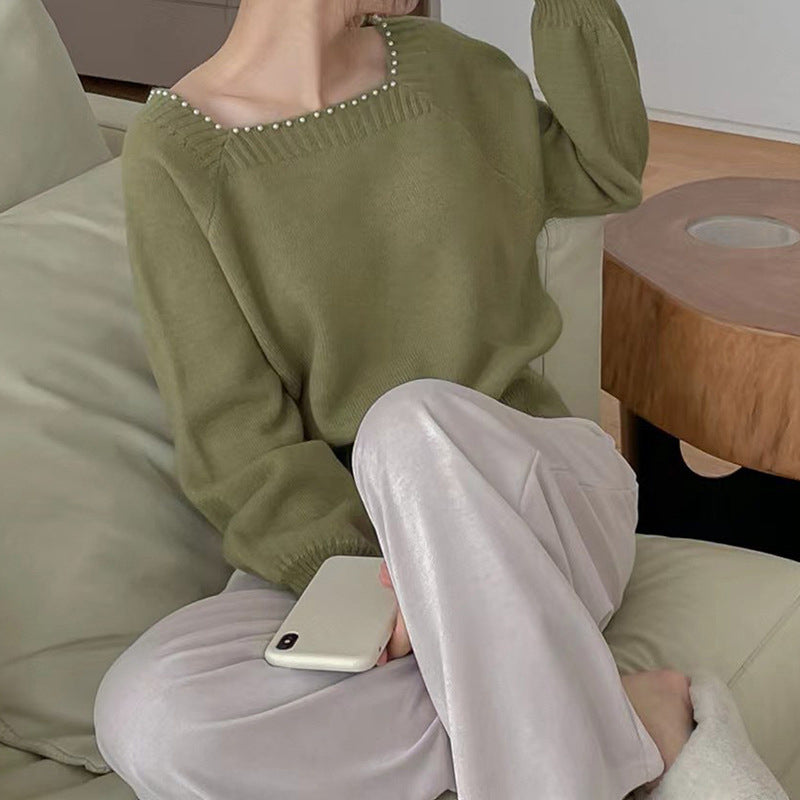 Damen lässiger Pullover mit elegantem Perlenkragen Drune