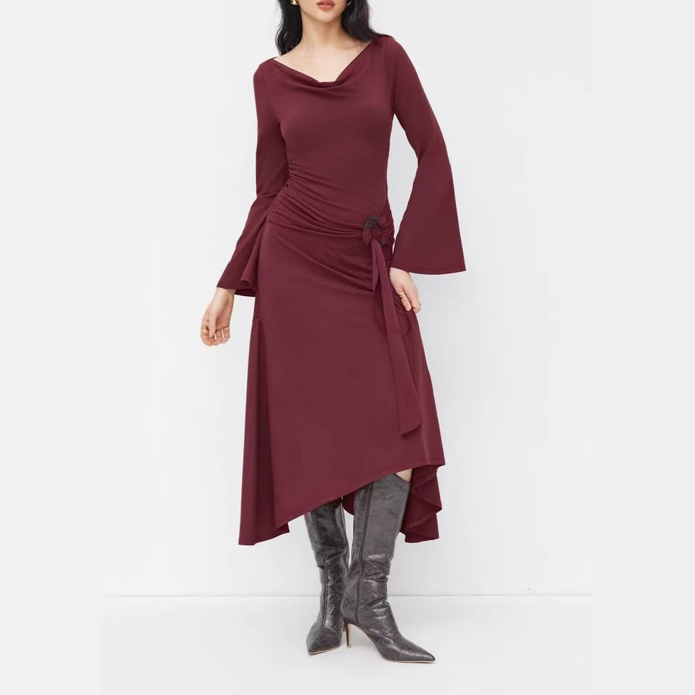 Damen Asymmetrisches Midikleid mit Wasserfallkragen, Glockenärmeln und seitlichem Ringdetail Drune