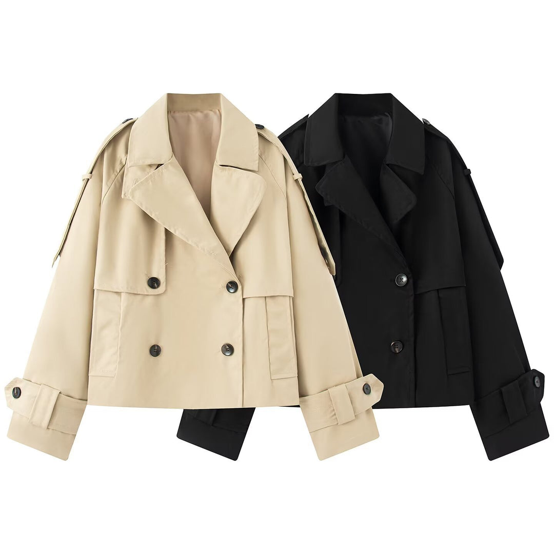 Damen Kurz geschnittener Trench mit kastiger Silhouette, Schulterpatten und breiten Manschetten Drune