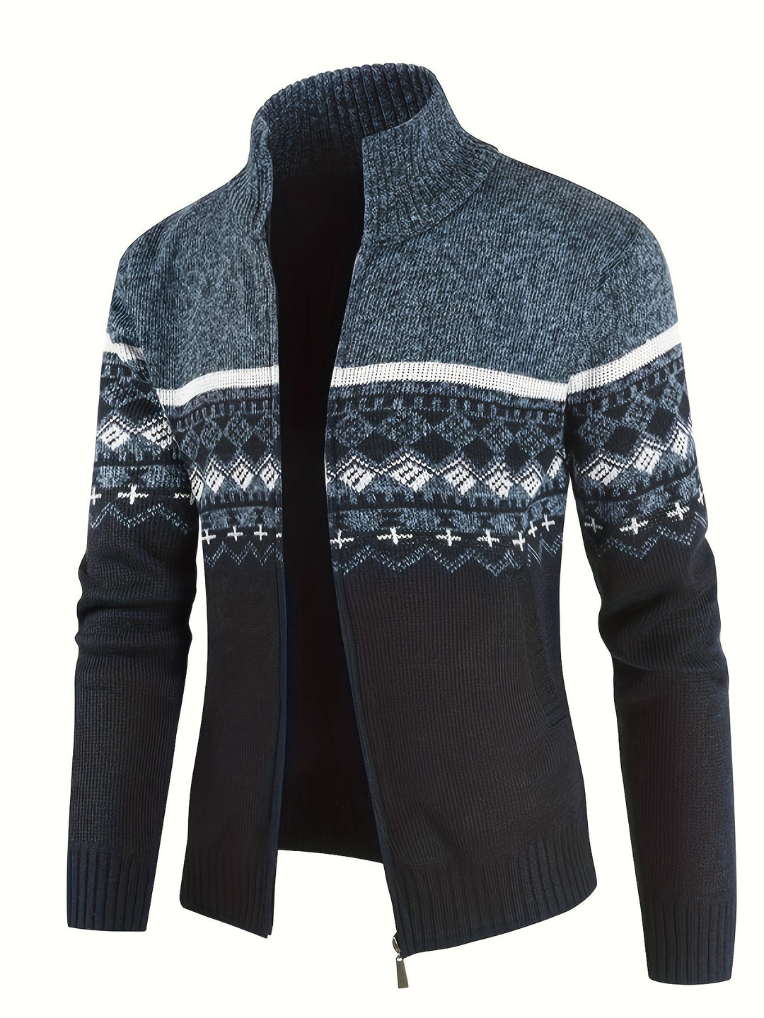Herren Thermo-Strickjacke mit Stehkragen und Reißverschluss Norwegerstrick Fleece-gefüttert Drune