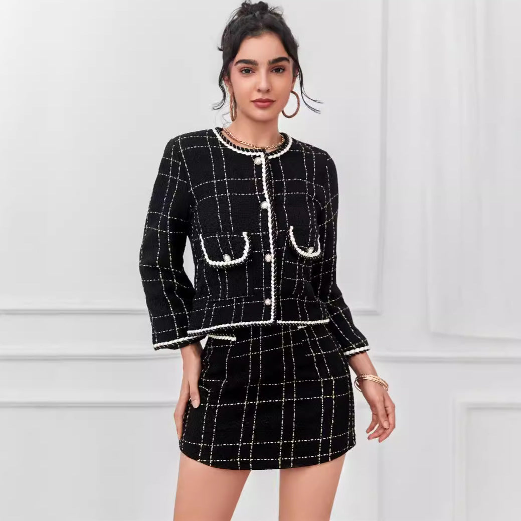 Damen Zweiteiliges Bouclé-Blazer-Set mit Zierstreifen und tailliertem Minirock Drune