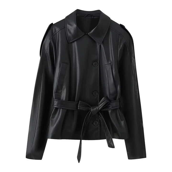 Damen nan taillierte Kunstlederjacke mit Bindegürtel, Hemdkragen und verdeckter Knopfleiste Drune