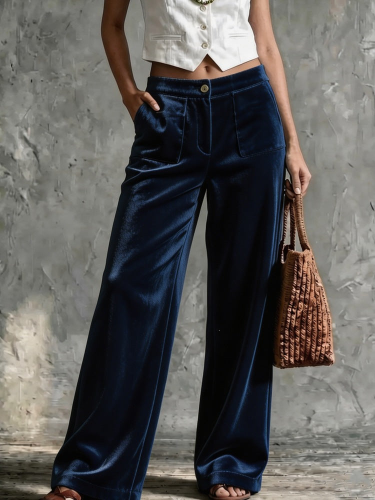 Damen Weite Samt-Palazzohose mit hoher Taille und aufgesetzten Taschen Drune