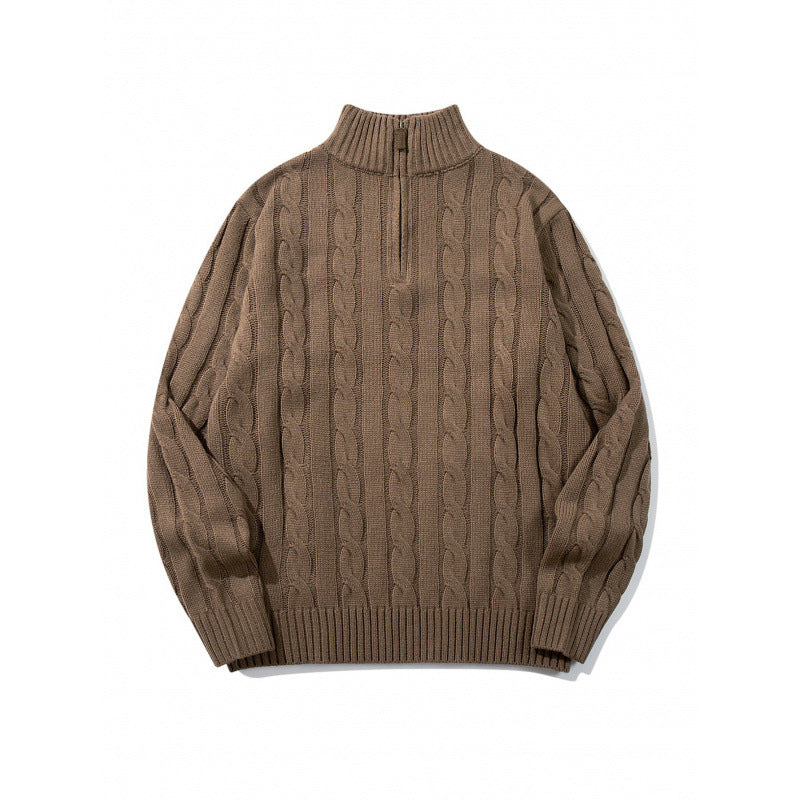Unisex Grobgestrickter Halbreißverschluss-Zopfmuster-Pullover mit Stehkragen und gerippten Abschlüssen Drune