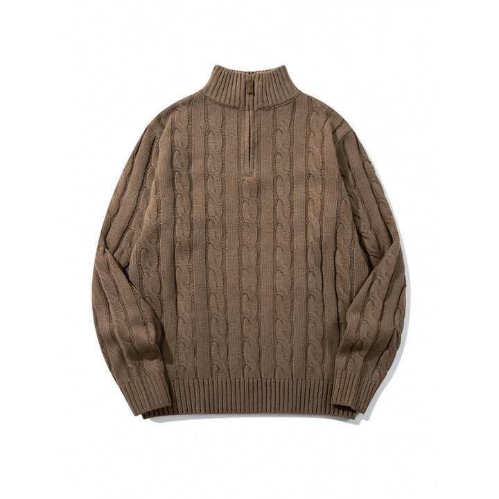 Unisex Grobgestrickter Halbreißverschluss-Zopfmuster-Pullover mit Stehkragen und gerippten Abschlüssen Drune