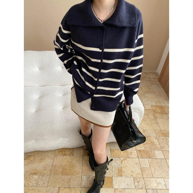 Damen lässige Strickjacke mit Streifenmuster und Kragen Drune