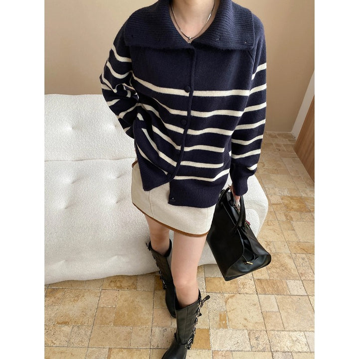 Damen lässige Strickjacke mit Streifenmuster und Kragen Drune