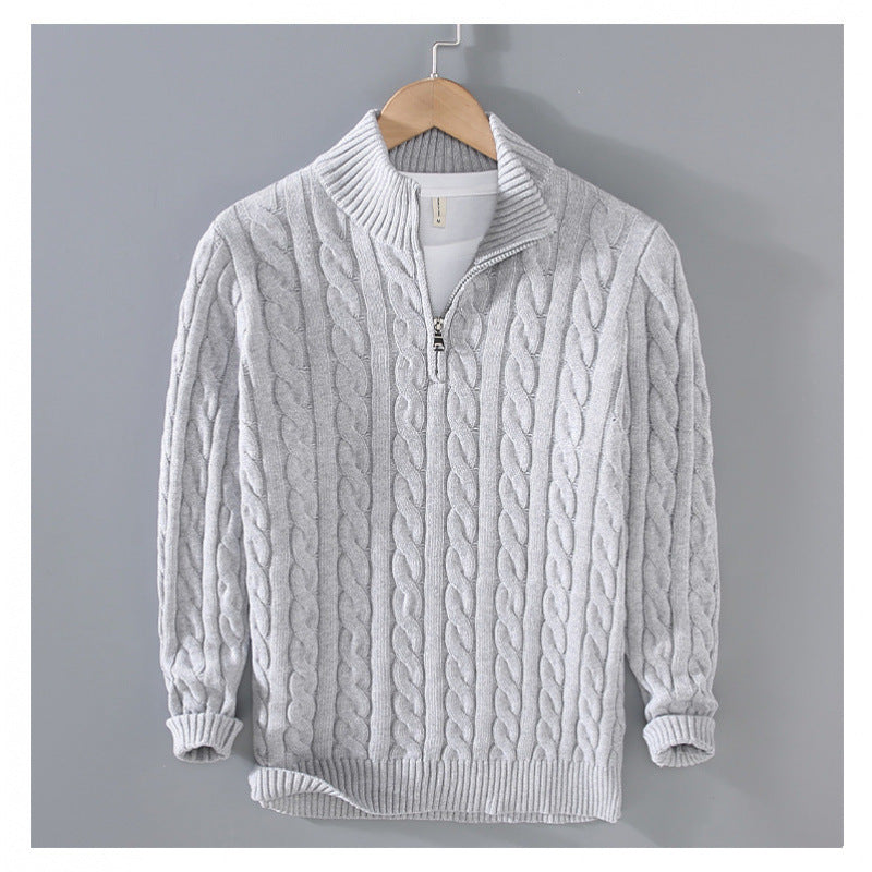 Herren Zopfmuster-Halbzip-Pullover aus weicher Baumwollmischung mit Stehkragen Drune