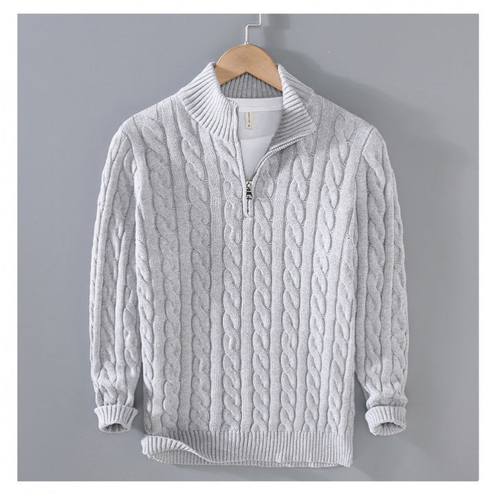 Herren Zopfmuster-Halbzip-Pullover aus weicher Baumwollmischung mit Stehkragen Drune