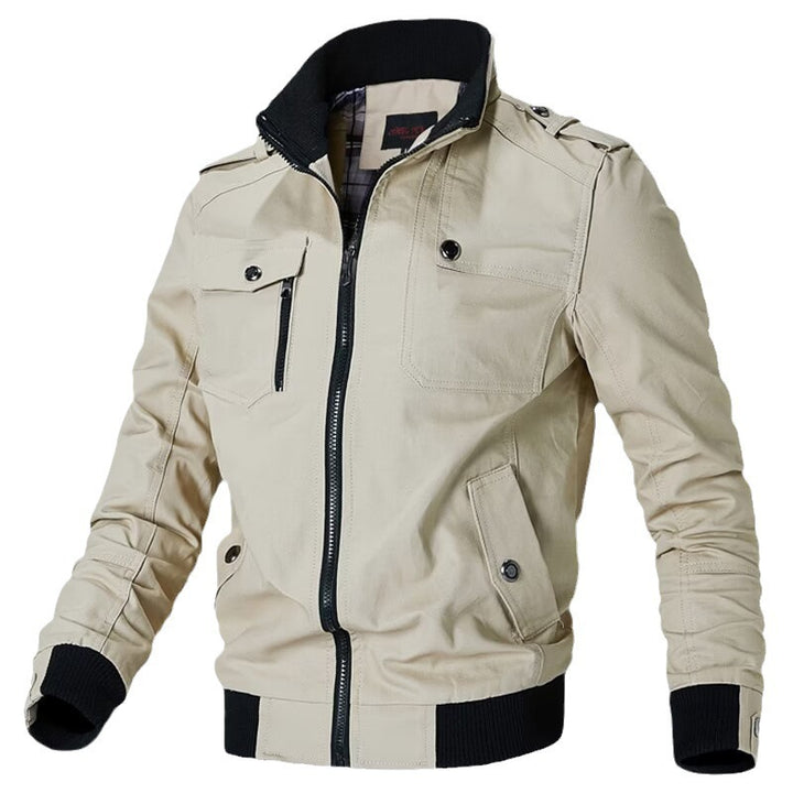 Herren nan taillierte Canvas-Bomberjacke mit Stehkragen, Reißverschlussfront, Schulterpatten und funktionalen Taschen Drune