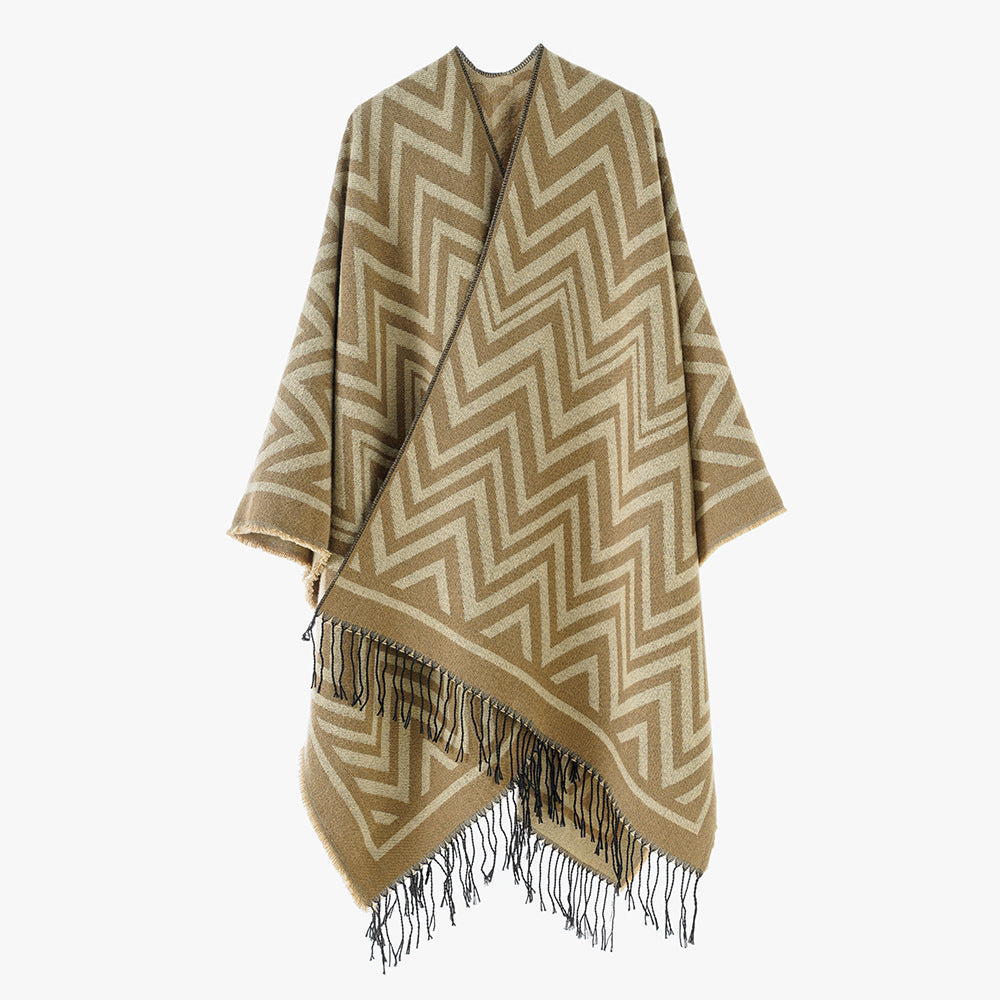 Damen Oversize-Umhang mit grafischem Zickzackmuster und langen Fransen Drune