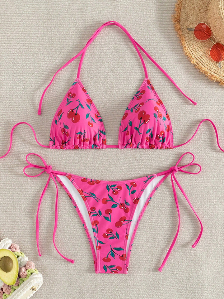 Damen Triangel-Bikini mit Krawattenverschluss und verspieltem Kirschdesign Drune