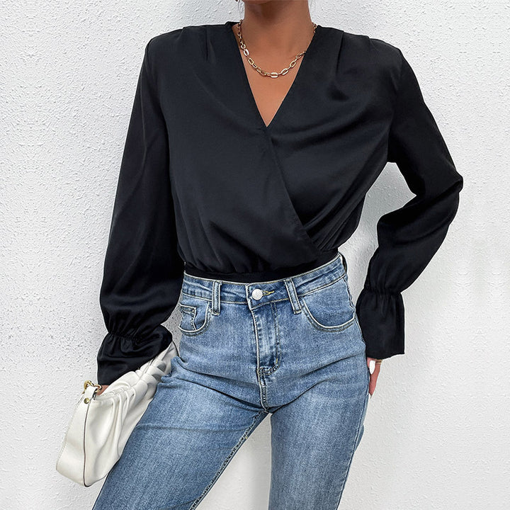 Damen Satin-Body mit Wickeloptik, V-Ausschnitt, elastischer Taillenpartie und Volantärmeln Drune