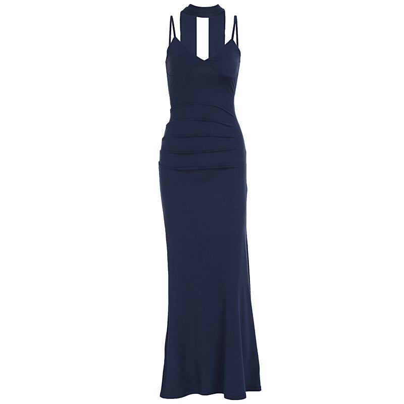 Damen Maxikleid mit figurbetontem Schnitt und elegantem Stehkragen Drune