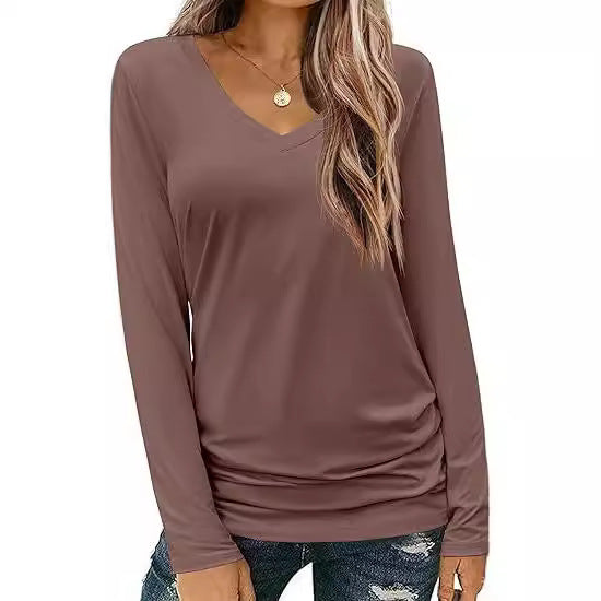 Damen Figurbetontes V‑Ausschnitt Langarmshirt aus Stretch‑Jersey mit leicht gerafftem Saum Drune