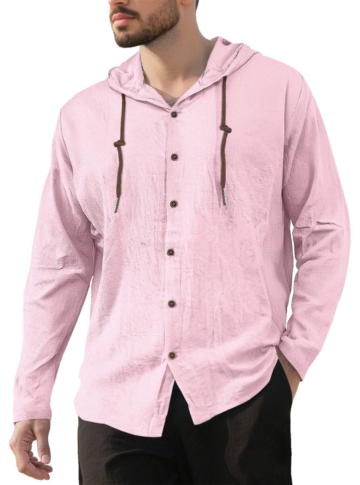 Herren nan Kapuzenhemd im Leinen-Look mit durchgehender Knopfleiste und Kordelzug Drune