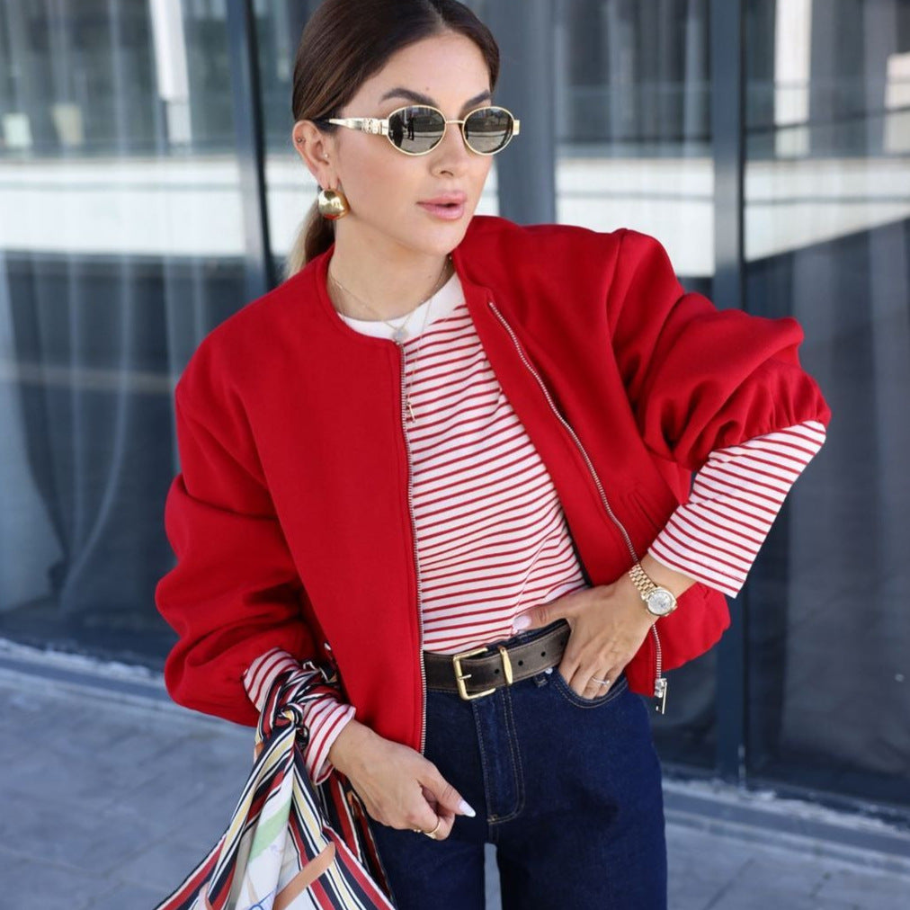 Damen nan kurze Oversize Wollblouson mit Reißverschluss, Ballonärmeln und elastischem Saum Drune