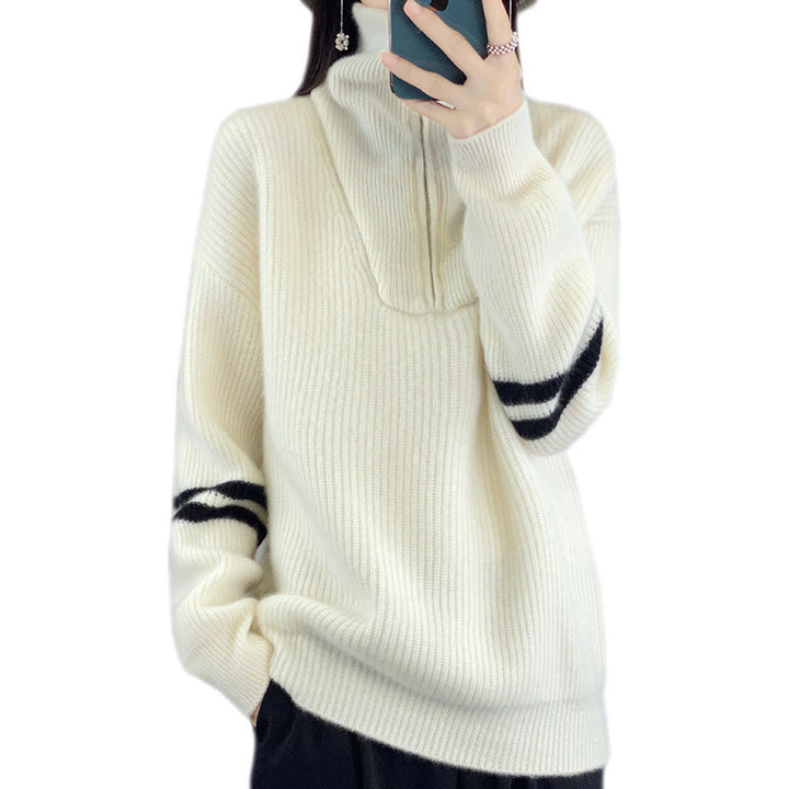 Damen Rippenstrick-Pullover mit halbem Reißverschluss, hohem Stehkragen und lässiger Passform Drune