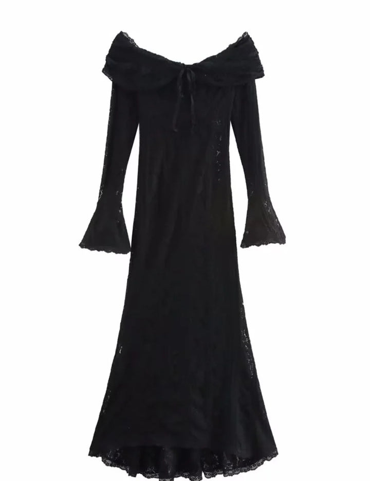 Damen 300+ Maxikleid aus Spitze mit Carmen‑Ausschnitt, ausgestellten Glockenärmeln und figurumspielender Silhouette Drune