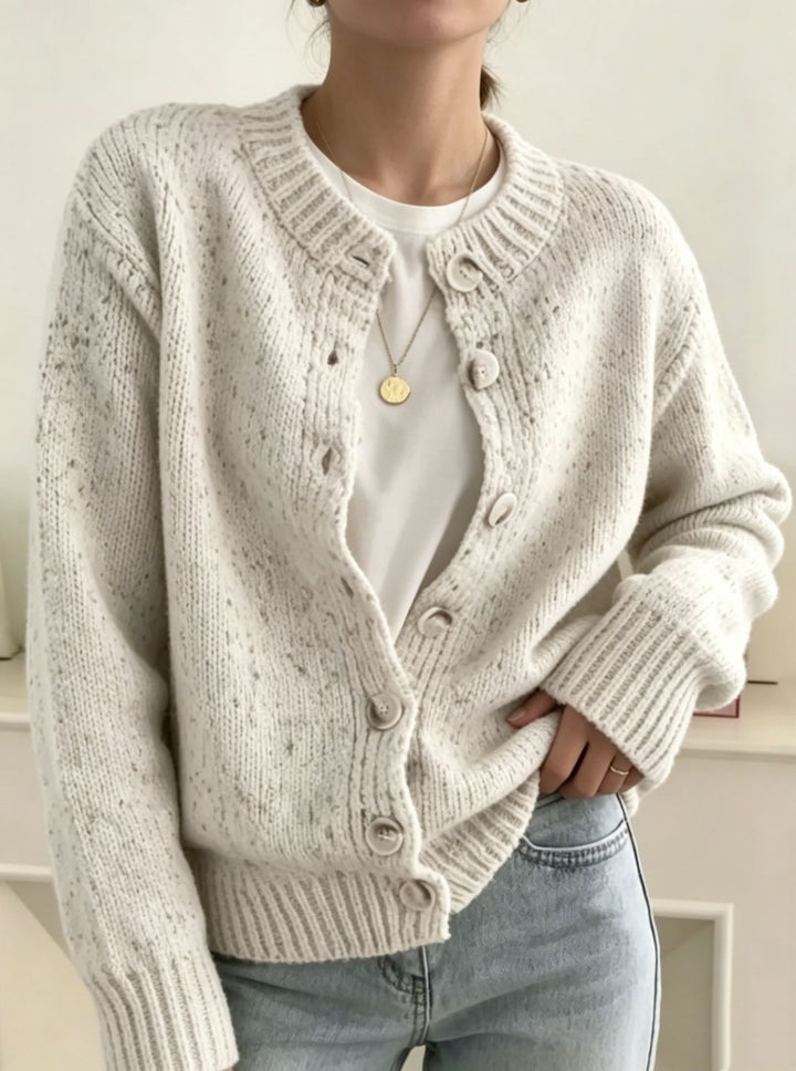 Damen Grobgestrickter Kurzcardigan mit Rundhalsausschnitt und meliertem Tweed-Effekt Drune