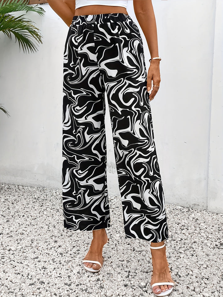 Damen Weite Palazzo-Hose mit modernem Marmorprint und elastischem Bund Drune