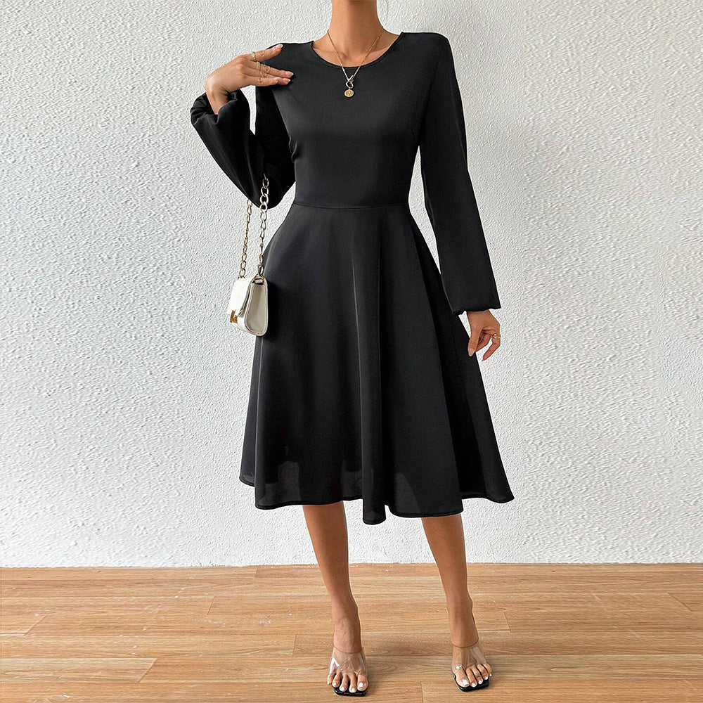 Damen elegantes Midikleid mit taillierter Korsagenoptik ausgestelltem A-Linien-Rock und langen ausgestellten Ärmeln Drune