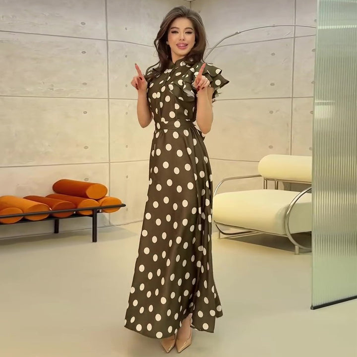Damen Maxikleid mit voluminösen Rüschendetails und polka-dot Muster Drune
