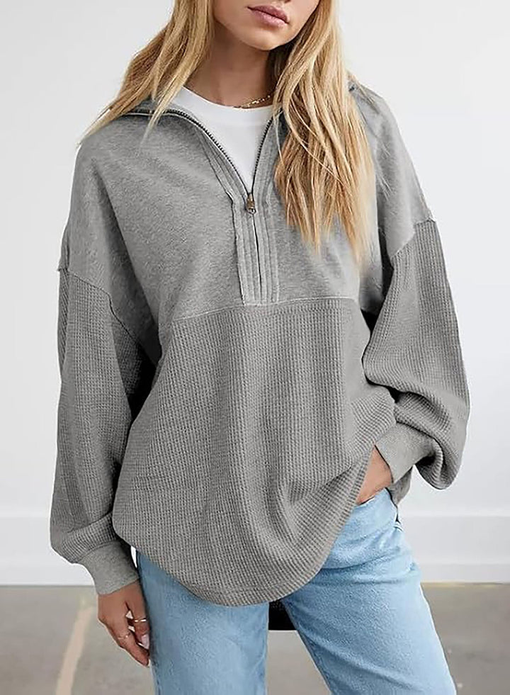 Damen Oversize-Halbzip-Pullover mit Waffelstrick-Einsätzen Drune