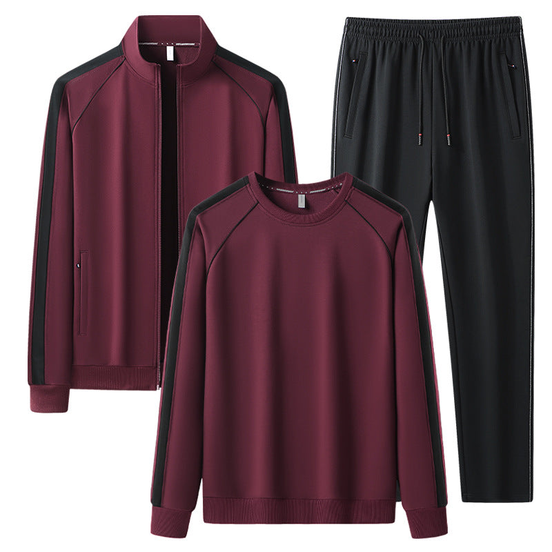 Herren Dreiteiliges Freizeit-Trainingsanzug-Set aus weichem French-Terry mit Reißverschlussjacke, Rundhals-Sweatshirt & Kordel-Jogginghose Drune