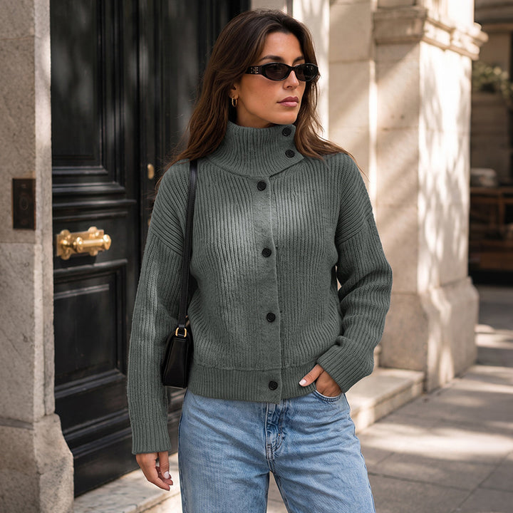 Damen Kurz geschnittener Rippstrick-Cardigan mit Stehkragen und Knopfleiste Drune