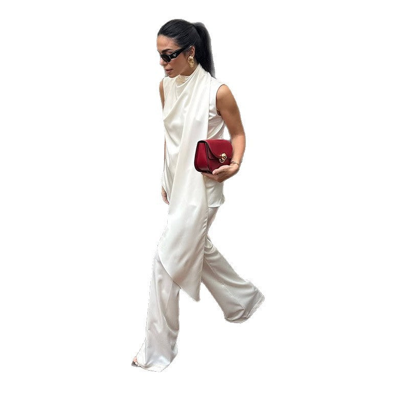 Damen elegante und fließende Chiffon-Hose mit asymmetrischem Schnitt Drune