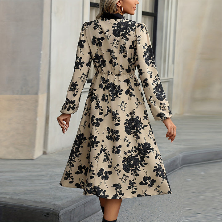 Damen elegantes Midi-Kleid mit Blumenmuster und Schleifendetails Drune