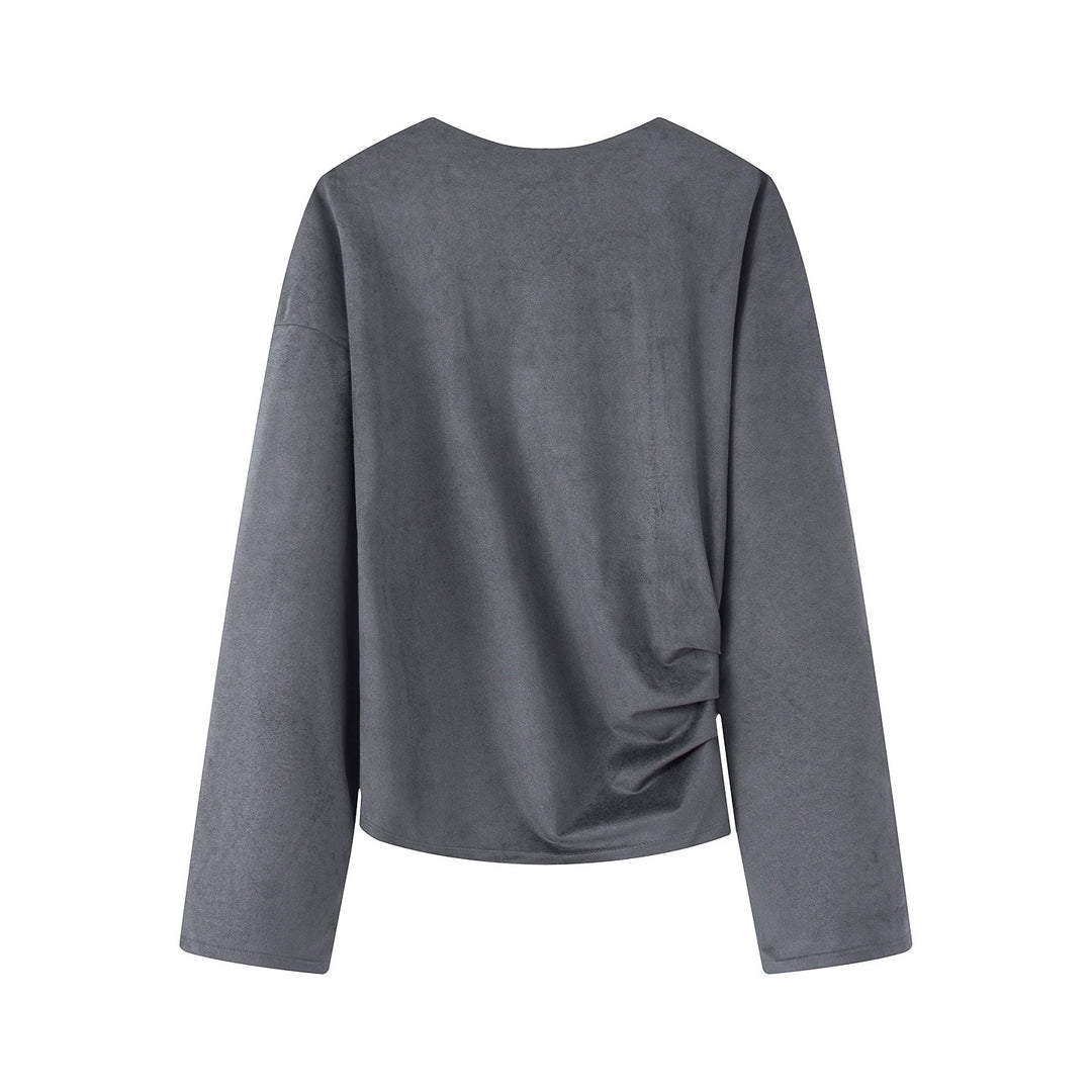 Damen nan Oversize-Langarmshirt mit seitlicher Drapierung und samtiger Wildlederoptik Drune