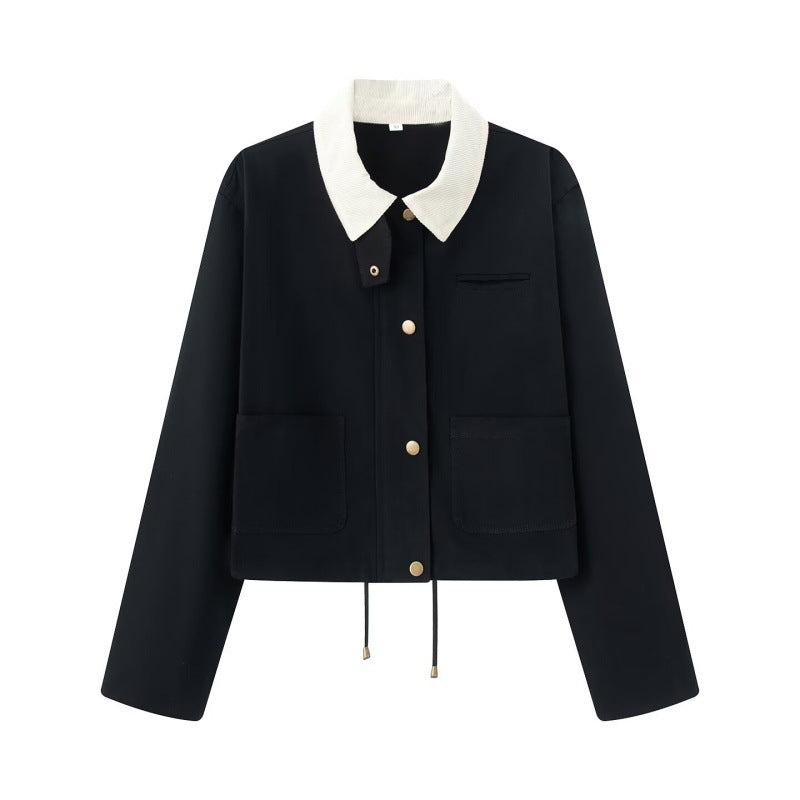 Damen Cropped Workwear‑Jacke mit Cordkragen, Druckknöpfen und Tunnelzug Drune