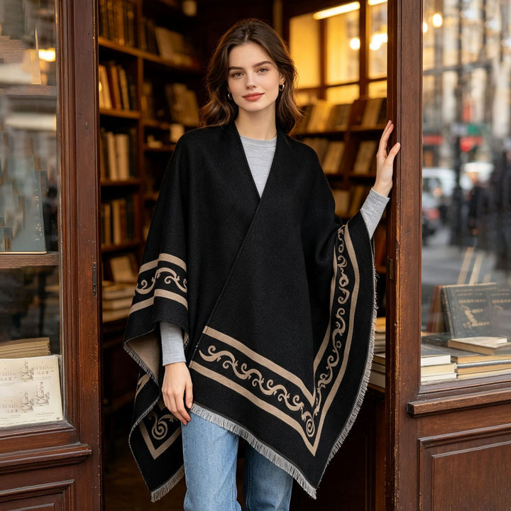 Damen Oversize Jacquard-Capeponcho aus Wollmix mit geometrischem Muster und Fransen Drune