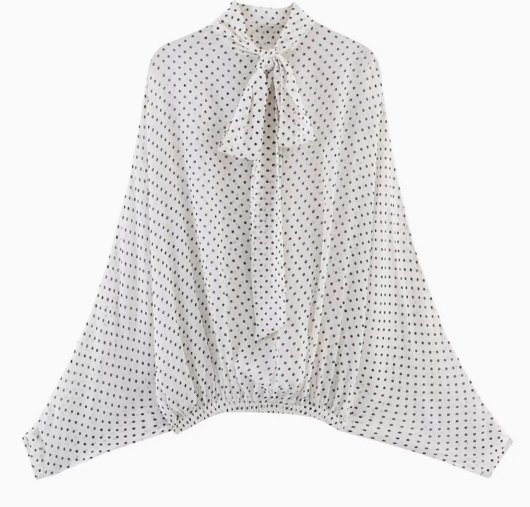 Damen 100+ oversized Pünktchenbluse mit Fledermausärmeln, Stehkragen und elastischem Saum Drune